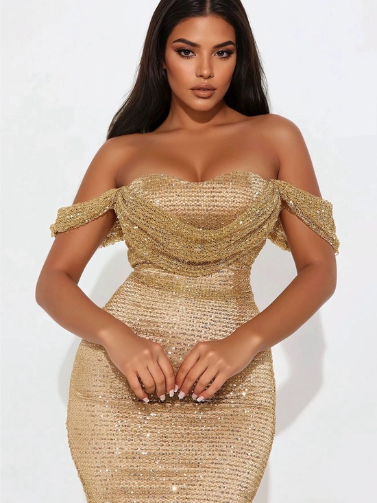 Fashion Nova Dresses & Skirts - Fashion Nova Gold Strapless Sequin Draped Bodycon Dress